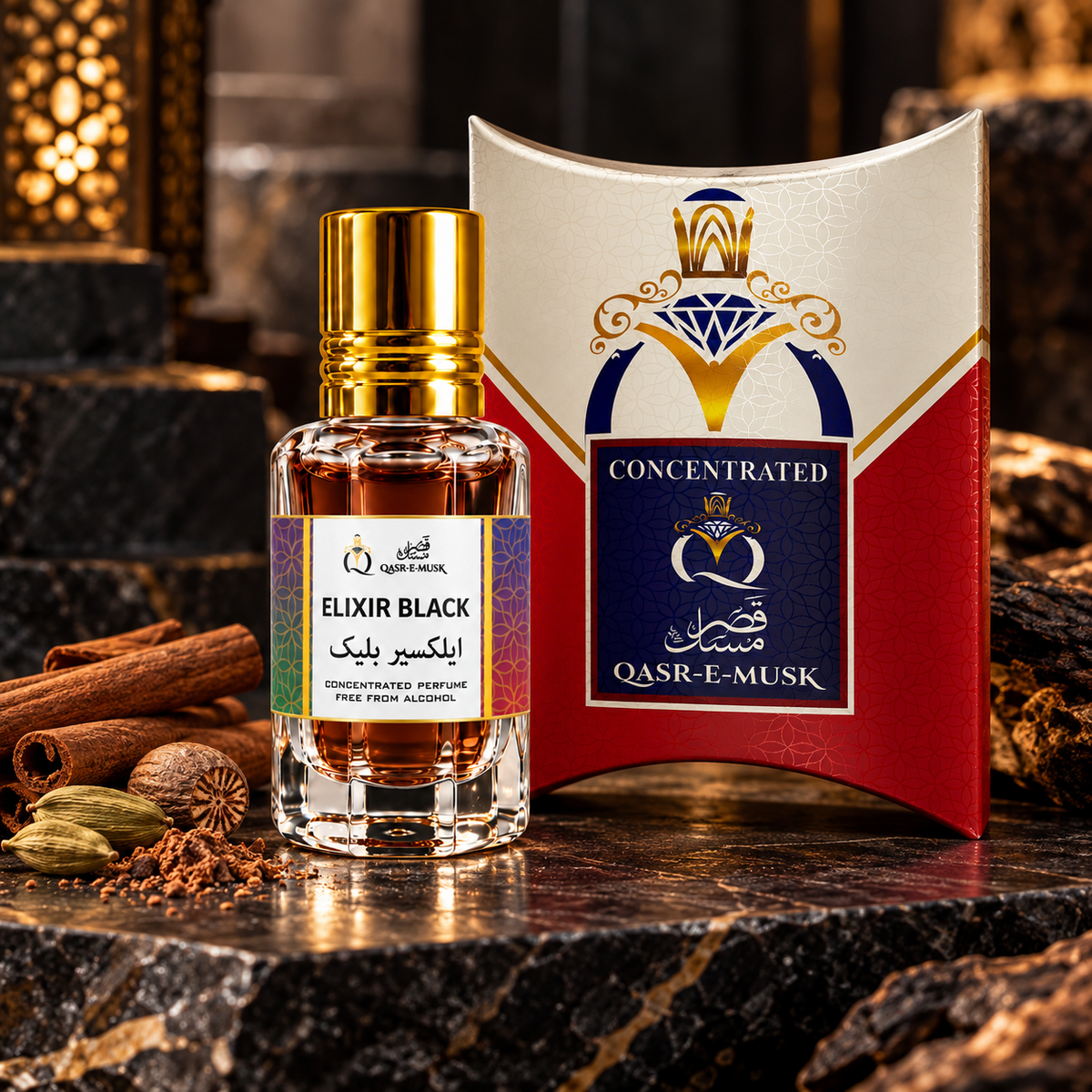 Elixer Black Attar for Men – Warm Spicy Perfume Oil | Qasr-E-Musk